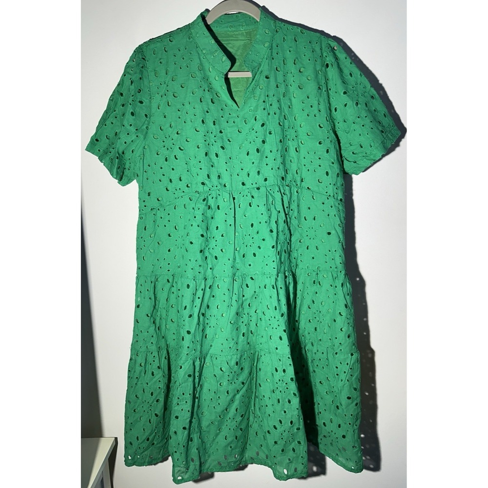 Green Cotton Eyelet Tiered Ruffle Dress Lined Women's Size 2XL Pre-Owned